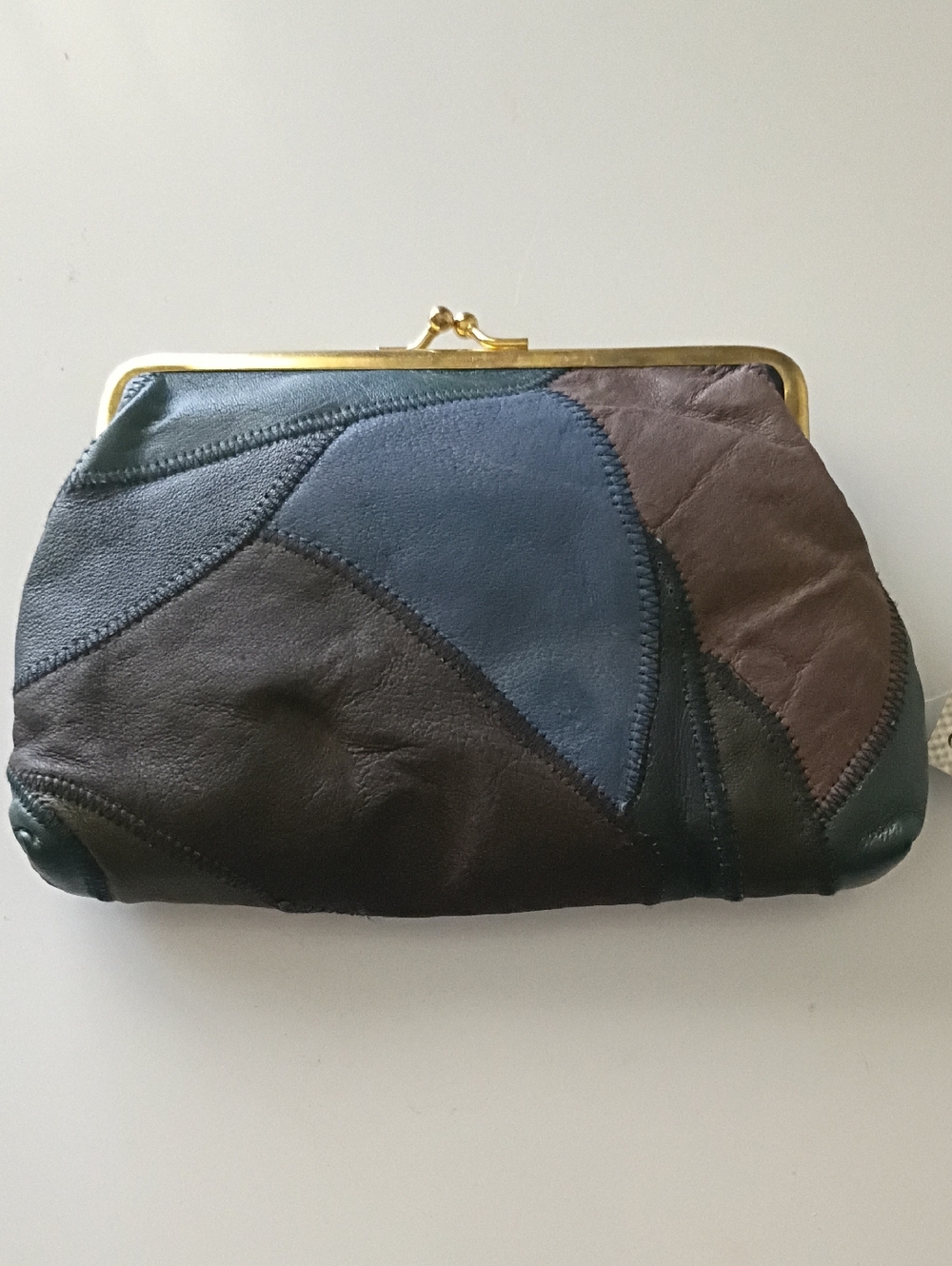 Vintage Color Block Genuine Leather Patchwork Clutch Purse Kiss Lock Boho